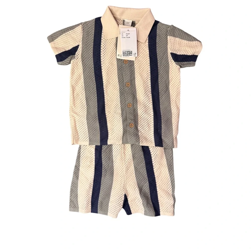 HM Kids 2T Striped Pointelle Knit Polo Shirt and Shorts Set Cream Grey Navy 0187